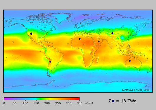 Photovoltaikflächen zur Sicherung des Weltstrombedarfs (schwarze Flächen)